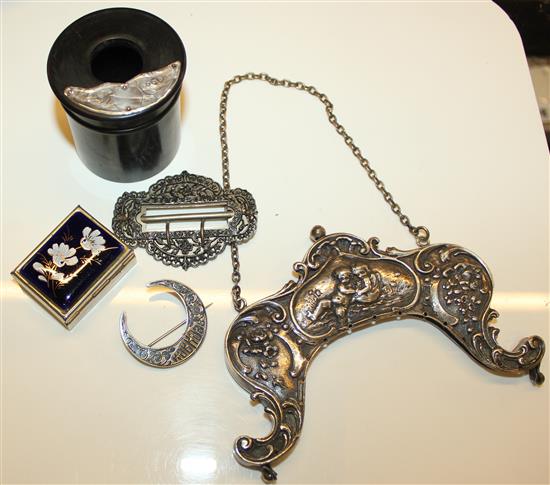 Silver bag frame, Russian brooch etc.